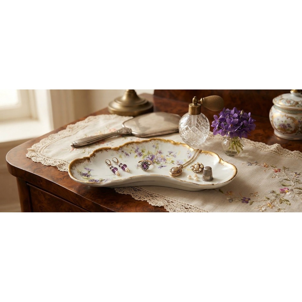 Antique GDA France Limoges Bone Dish C. 1900 Violets Gold Gilt Porcelain Tray